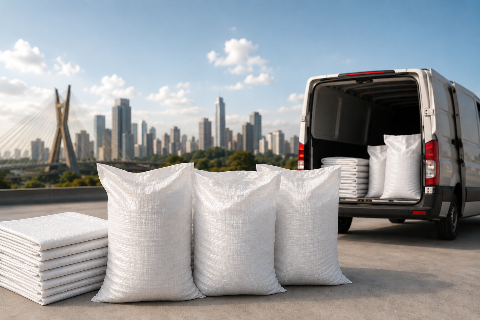 Sacos de ráfia brancos sendo carregados em van de entrega com a skyline de São Paulo ao fundo